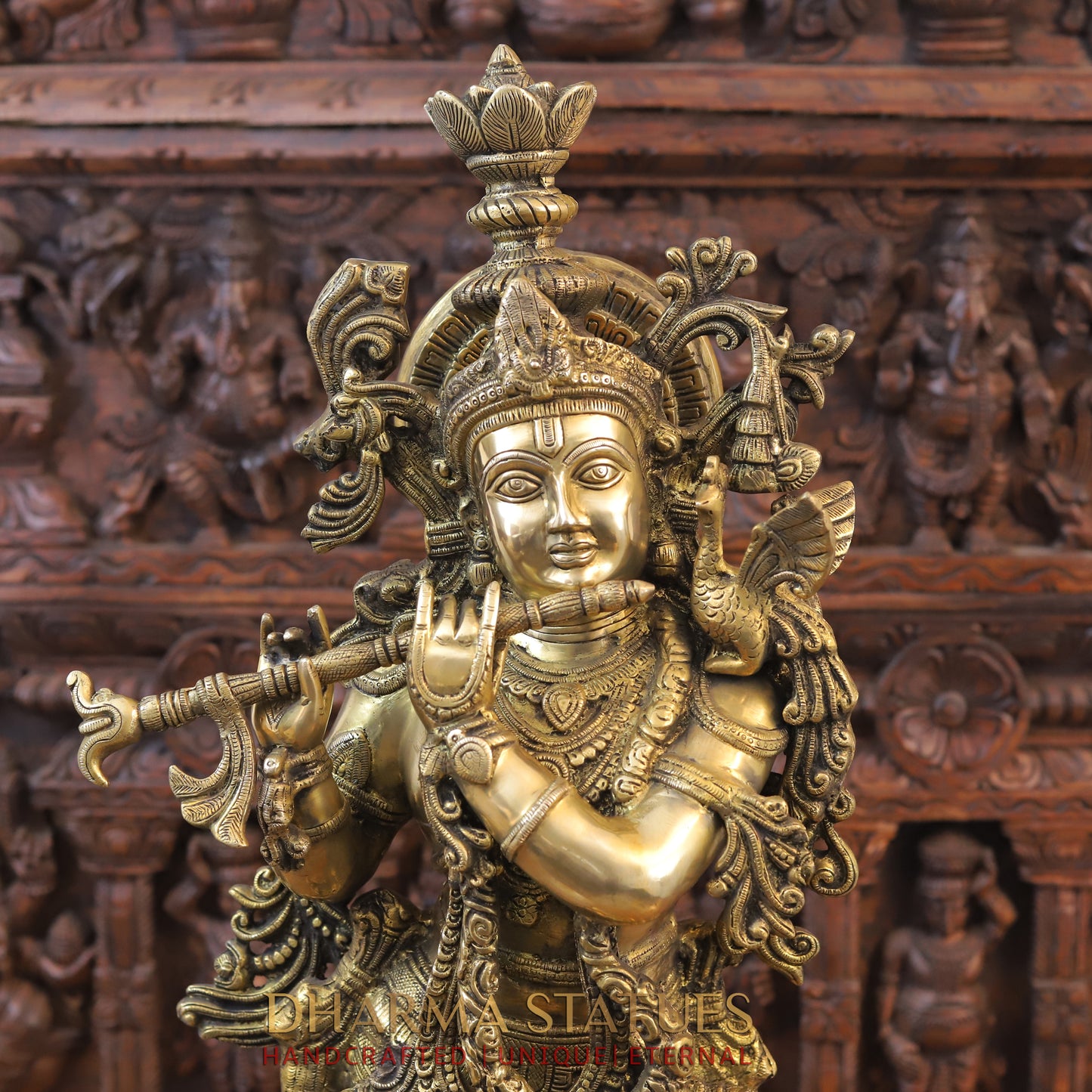 Brass Krishna Playing Flute on Pedestal, Golden Finish, 37"