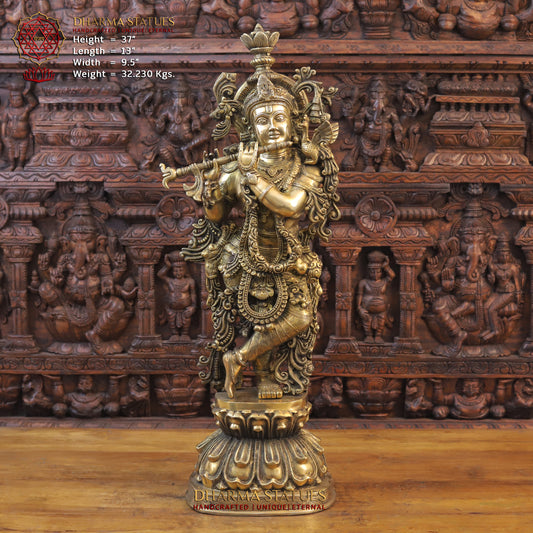 Brass Krishna Playing Flute on Pedestal, Golden Finish, 37"