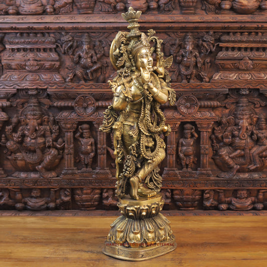Brass Krishna Playing Flute on Pedestal, Golden Finish, 37"