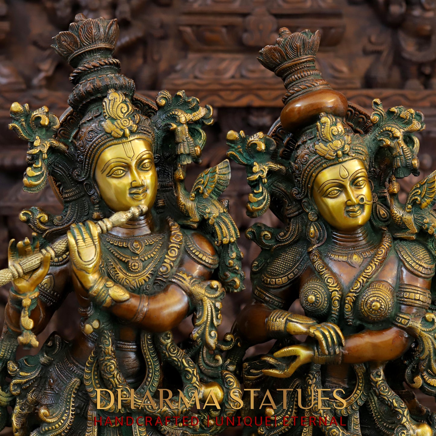 Brass Radha Krishna Statue on Single base, Copper & Golden Finish, 27”