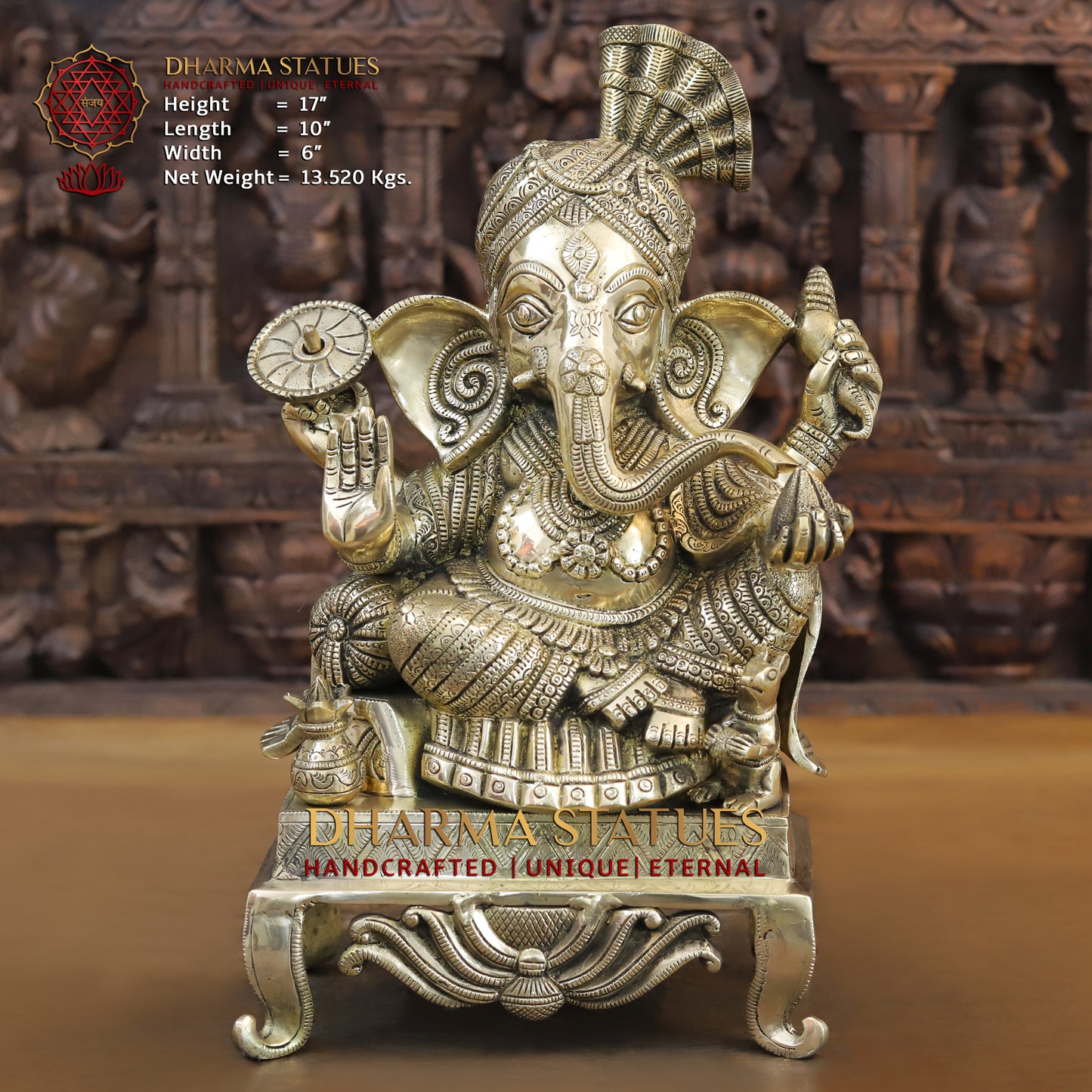 Brass Ganesh seated on Chowki, Blessing Position, Golden Finish, 17"