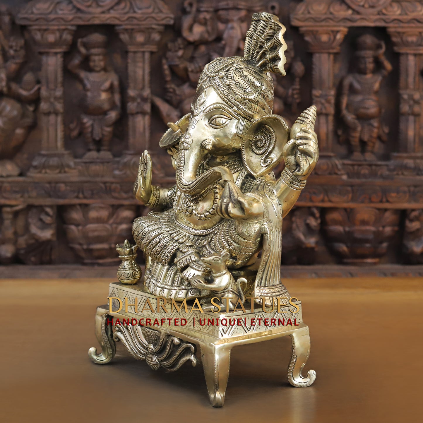 Brass Ganesh seated on Chowki, Blessing Position, Golden Finish, 17"
