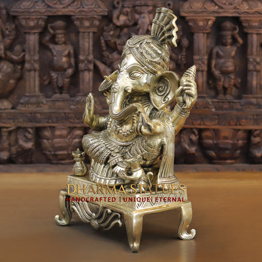 Brass Ganesh seated on Chowki, Blessing Position, Golden Finish, 17"