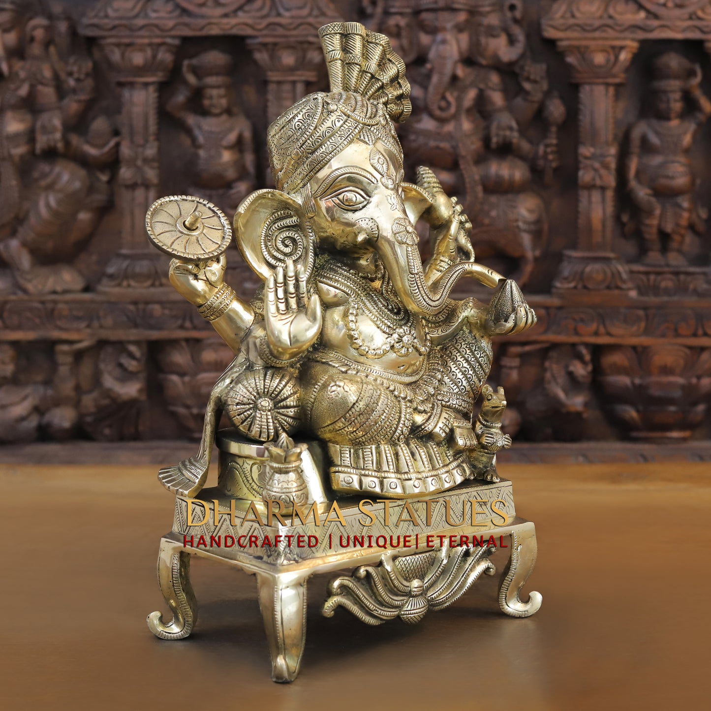 Brass Ganesh seated on Chowki, Blessing Position, Golden Finish, 17"