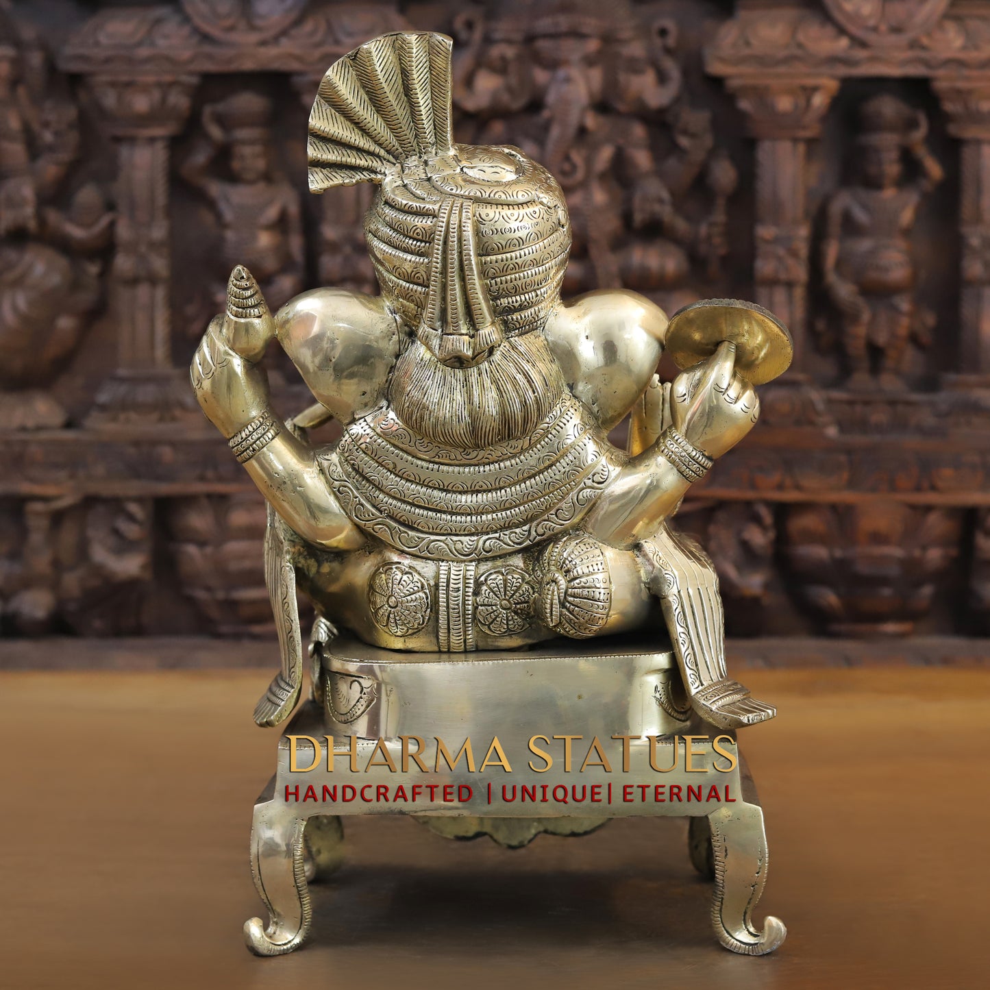 Brass Ganesh seated on Chowki, Blessing Position, Golden Finish, 17"