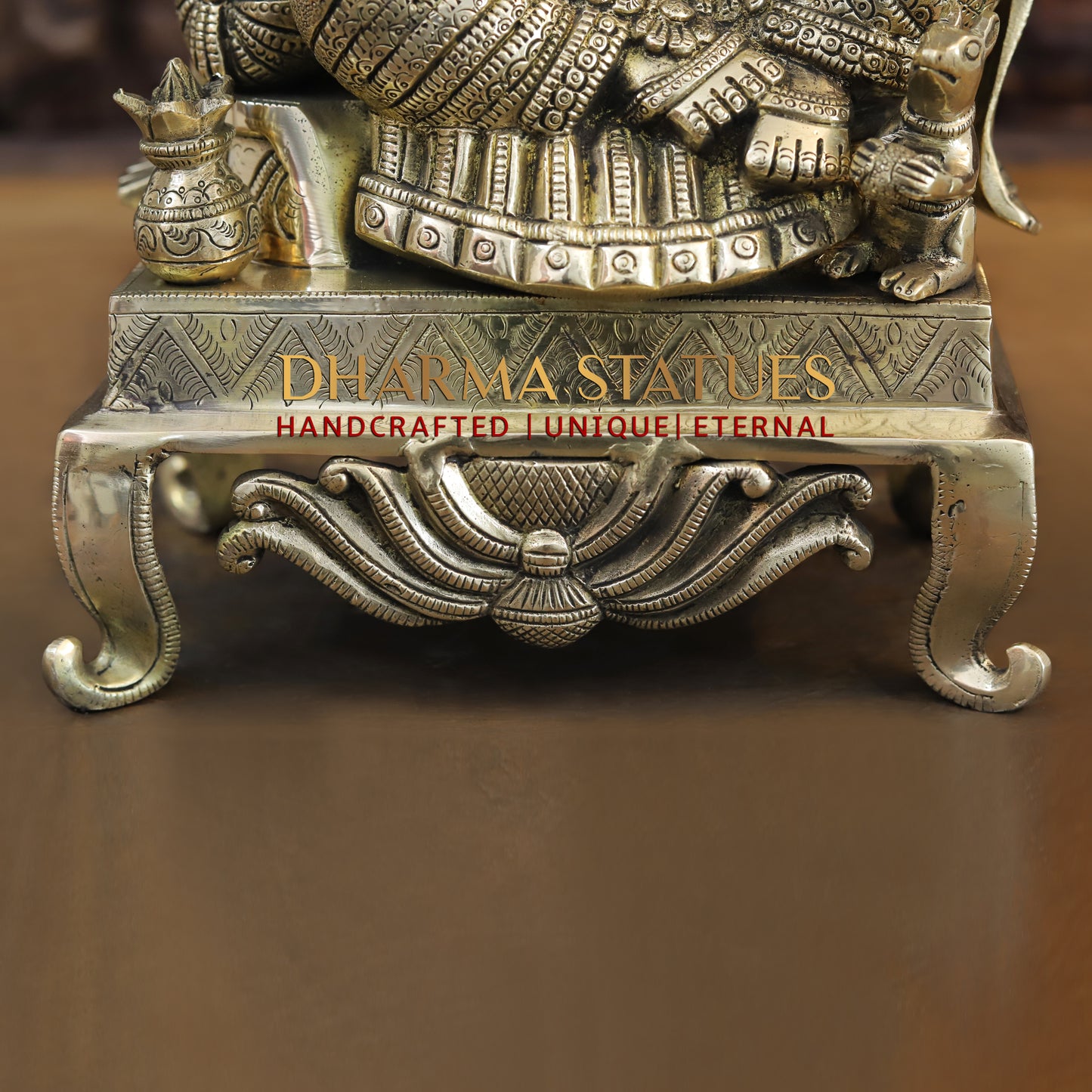 Brass Ganesh seated on Chowki, Blessing Position, Golden Finish, 17"