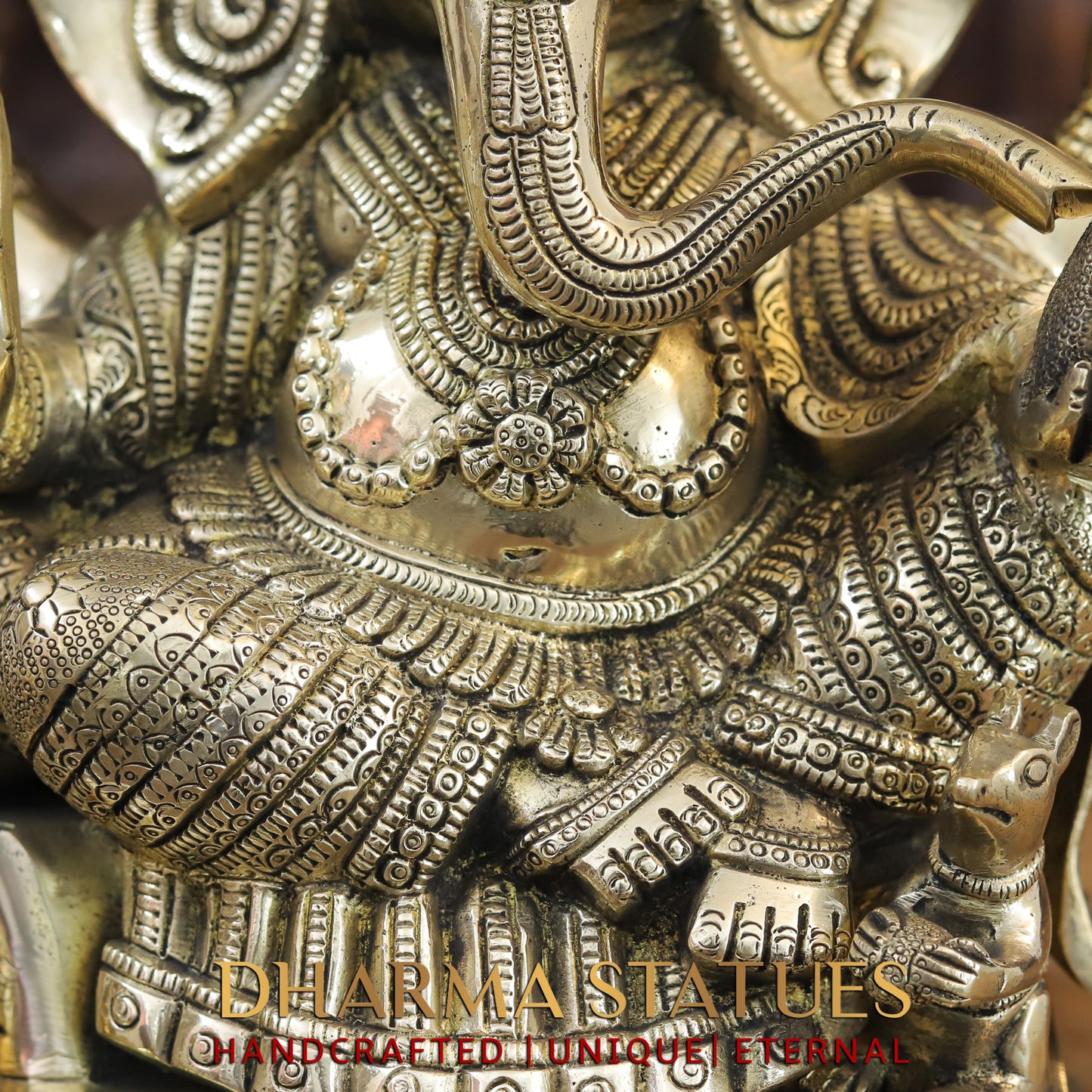 Brass Ganesh seated on Chowki, Blessing Position, Golden Finish, 17"