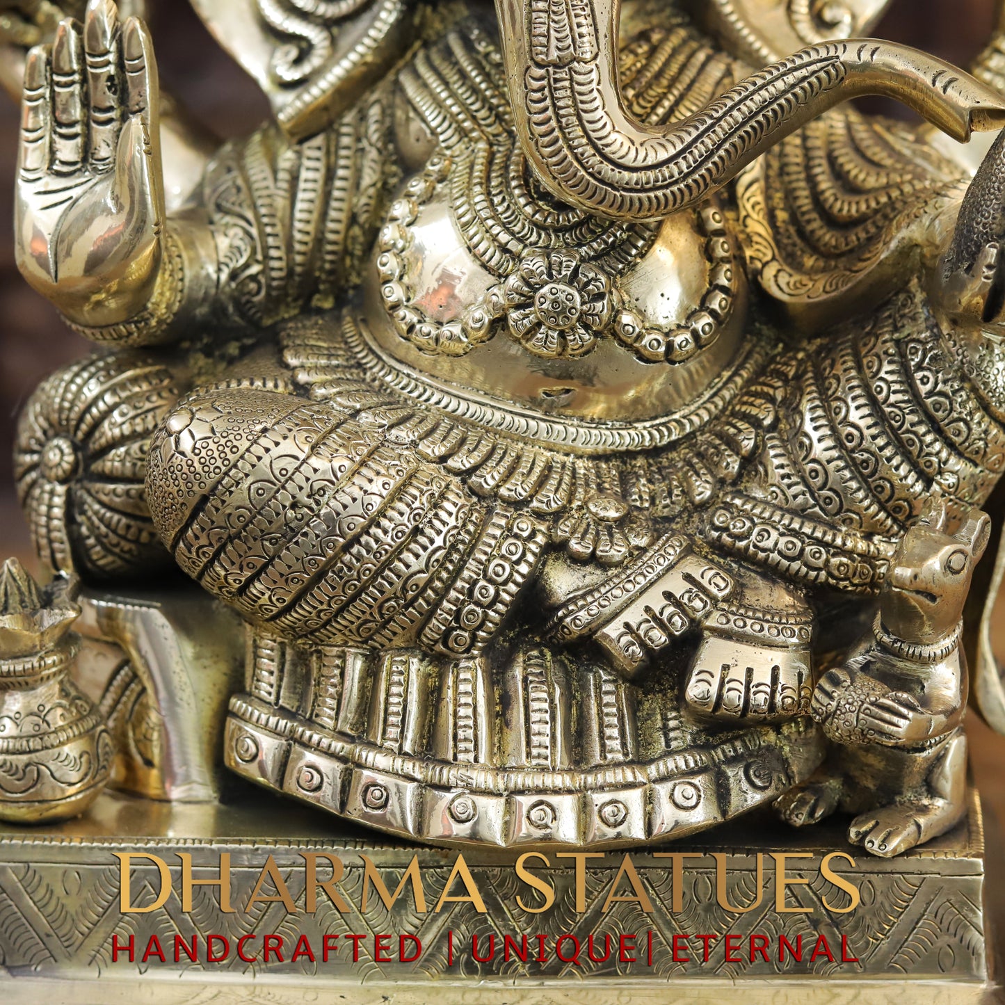 Brass Ganesh seated on Chowki, Blessing Position, Golden Finish, 17"