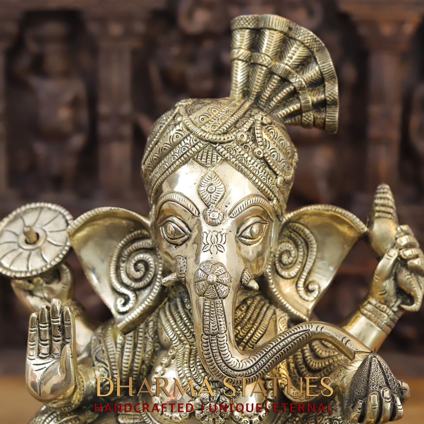 Brass Ganesh seated on Chowki, Blessing Position, Golden Finish, 17"