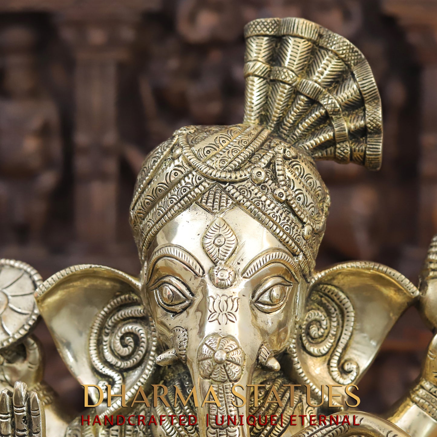 Brass Ganesh seated on Chowki, Blessing Position, Golden Finish, 17"