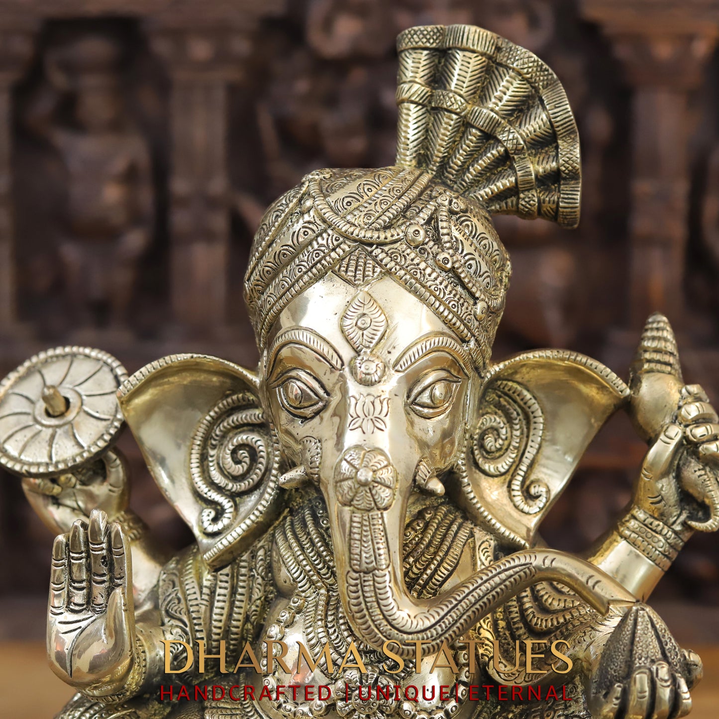Brass Ganesh seated on Chowki, Blessing Position, Golden Finish, 17"
