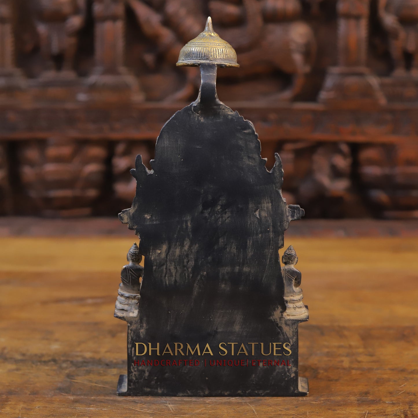 Brass Buddha in Temple, Black Patina & Golden Finish, 11.5"