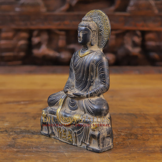 Brass Buddha in Meditation Mudra, Black Patina & Golden Finish, 8"