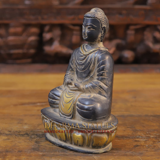 Brass Buddha in Meditation Mudra, Black Patina & Golden Finish, 8"
