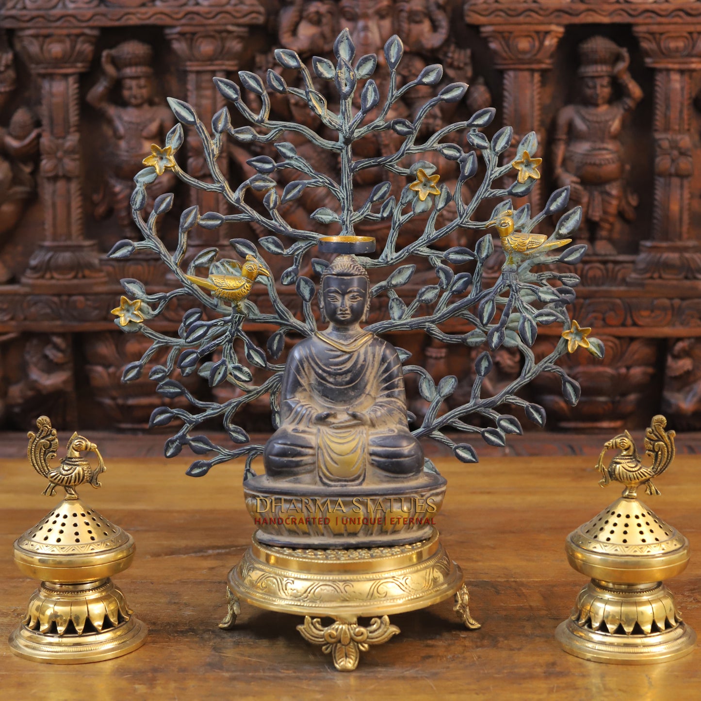 Brass Buddha in Meditation Mudra, Black Patina & Golden Finish, 8"