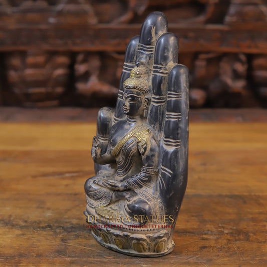 Brass Hand Palm Blessing Buddha Statue, Copper & Golden Finish, 9.5"