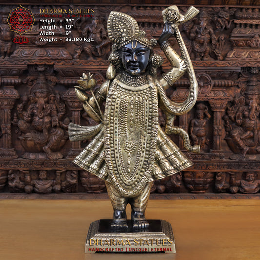 Brass Krishna Standing on Pedestal, Black Patina & Golden Finish, 33"