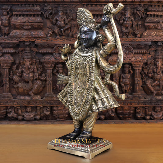 Brass Krishna Standing on Pedestal, Black Patina & Golden Finish, 33"