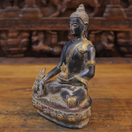 Brass Buddha seated, Black Patina & Golden Finish, 10"