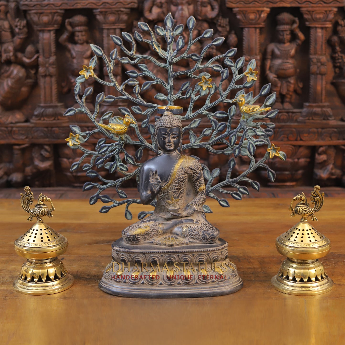 Brass Buddha seated in Blessing Posture, Black Patina & Golden Finish, 11"