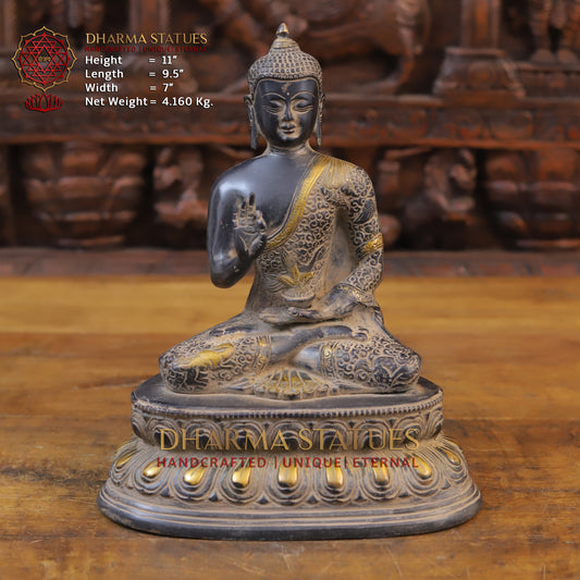 Brass Buddha seated in Blessing Posture, Black Patina & Golden Finish, 11"
