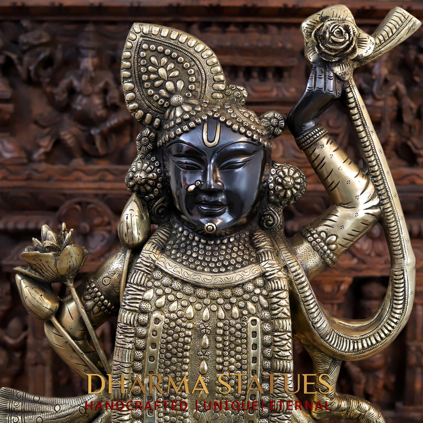 Brass Krishna Standing on Pedestal, Black Patina & Golden Finish, 33"