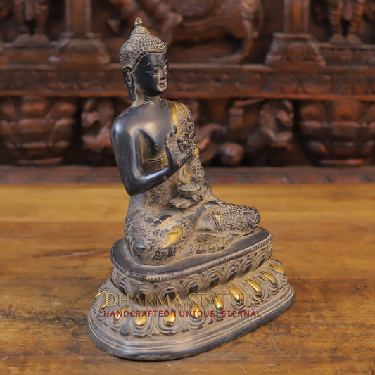 Brass Buddha seated in Blessing Posture, Black Patina & Golden Finish, 11"