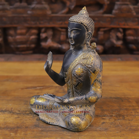 Brass Buddha seated in Blessing Posture, Black Patina & Golden Finish, 10"