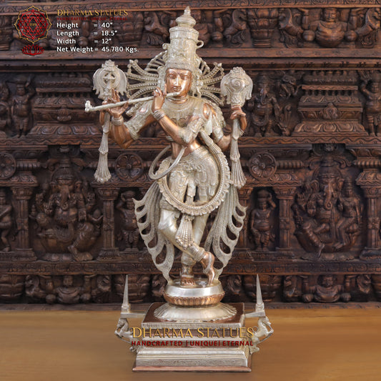 Brass Krishna playing Flute on Pedestal, Silver & Copper Finish, 40"