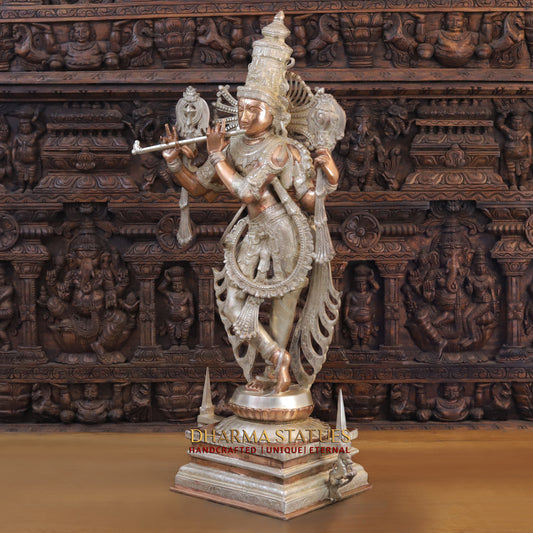 Brass Krishna playing Flute on Pedestal, Silver & Copper Finish, 40"