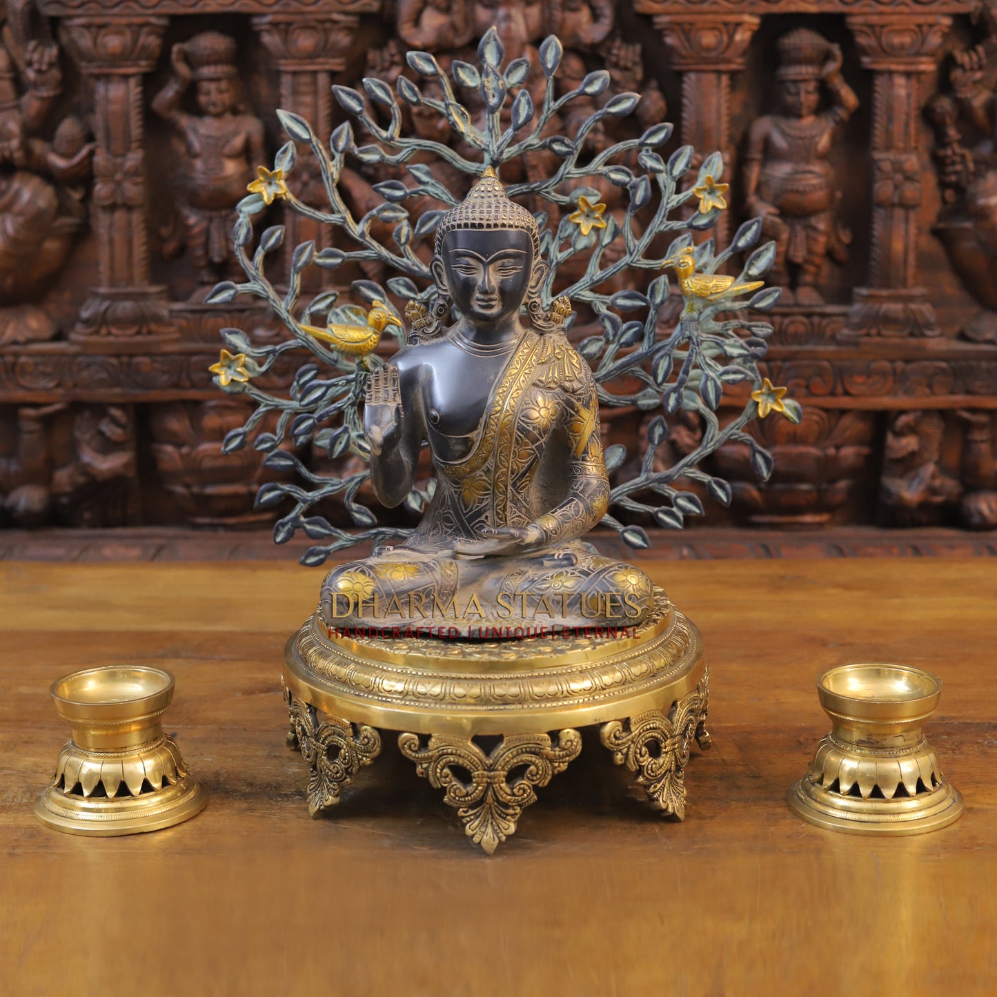 Brass Buddha seated in Blessing Posture, Black Patina & Golden Finish, 10"