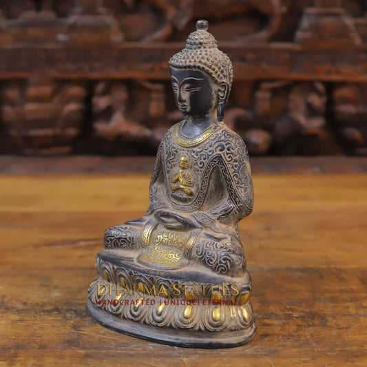 Brass Buddha in Meditation Mudra, Black Patina & Golden Finish, 9.5"