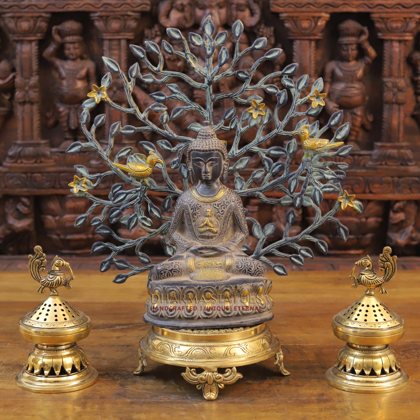 Brass Buddha in Meditation Mudra, Black Patina & Golden Finish, 9.5"