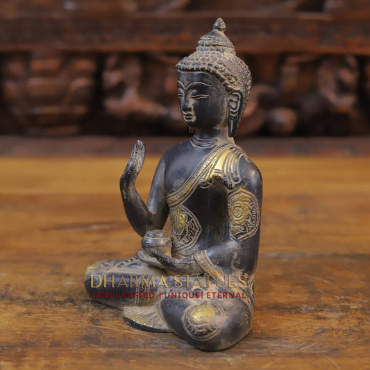 Brass Buddha seated in Blessing Posture, Black Patina & Golden Finish, 8"