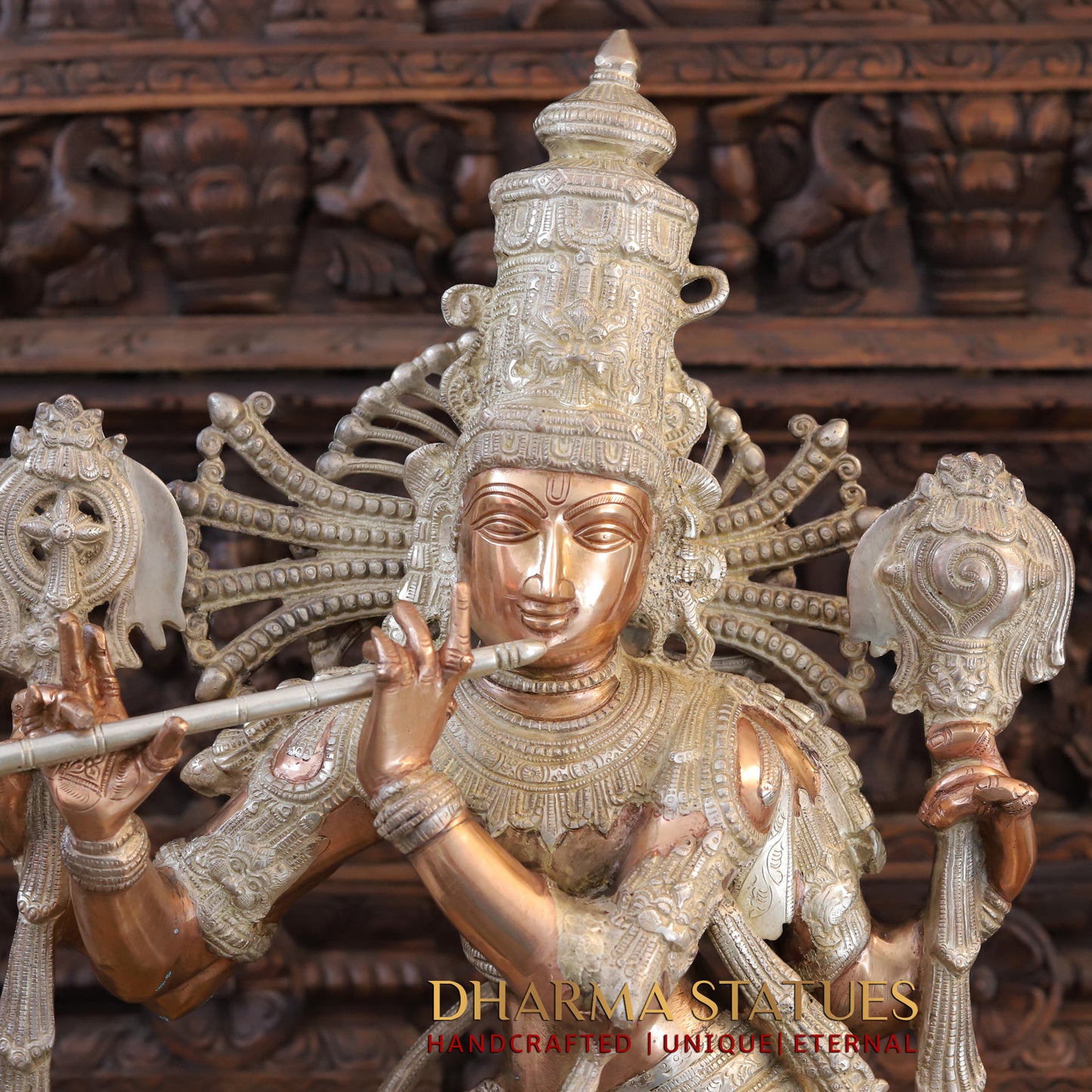 Brass Krishna playing Flute on Pedestal, Silver & Copper Finish, 40"