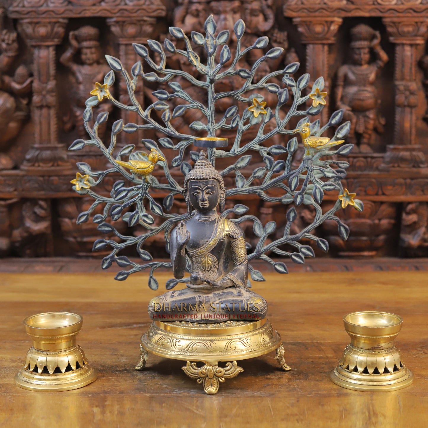 Brass Buddha seated in Blessing Posture, Black Patina & Golden Finish, 8"