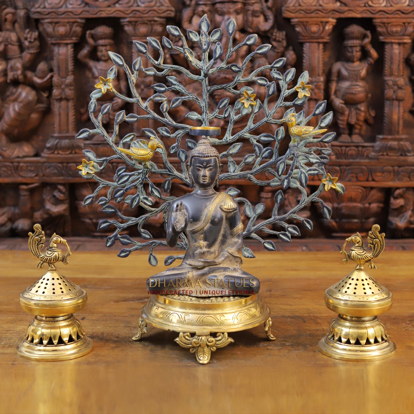 Brass Buddha seated in Blessing Posture, Black Patina & Golden Finish, 8"