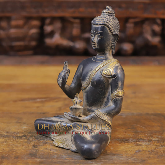 Brass Buddha seated in Blessing Posture, Black Patina & Golden Finish, 8"