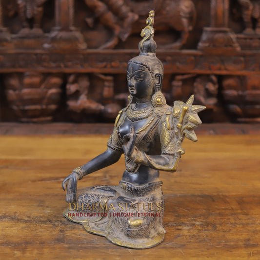 Brass Tara Statue Seated, Black Patina and Golden Finish, 11"