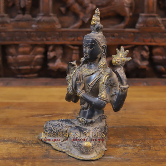Brass Tara Statue Seated, Black Patina and Golden Finish, 10.5"