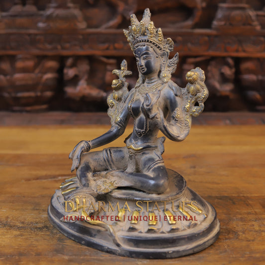 Brass Tara Statue Seated, Black Patina and Golden Finish, 10"