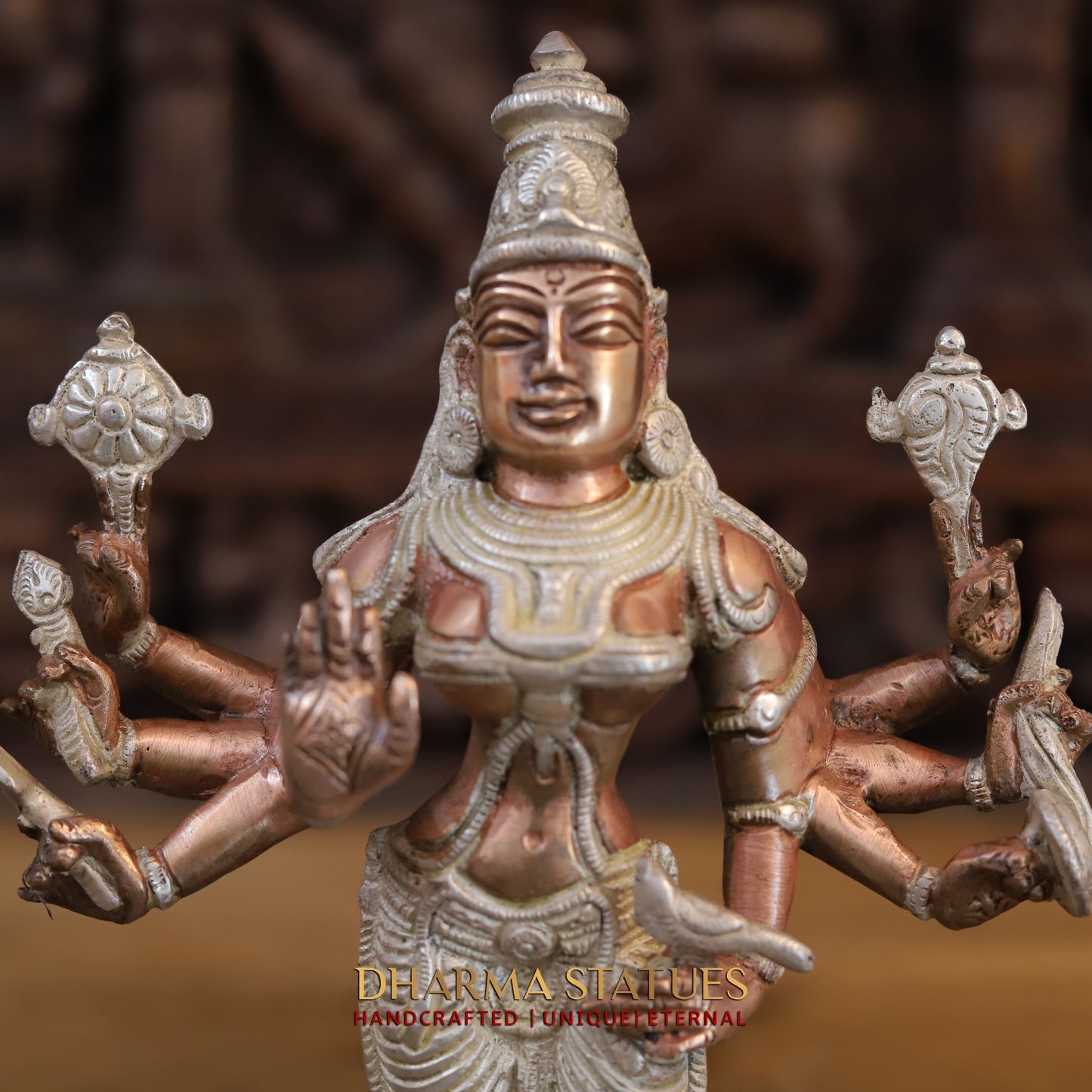 Brass Durga Standing on Buffalo Head, Copper & Silver Finish, 11.5"