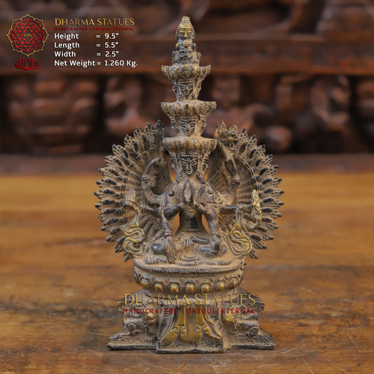 Brass Avalokiteshvara Buddha, Fine Golden Finish, 9.5"