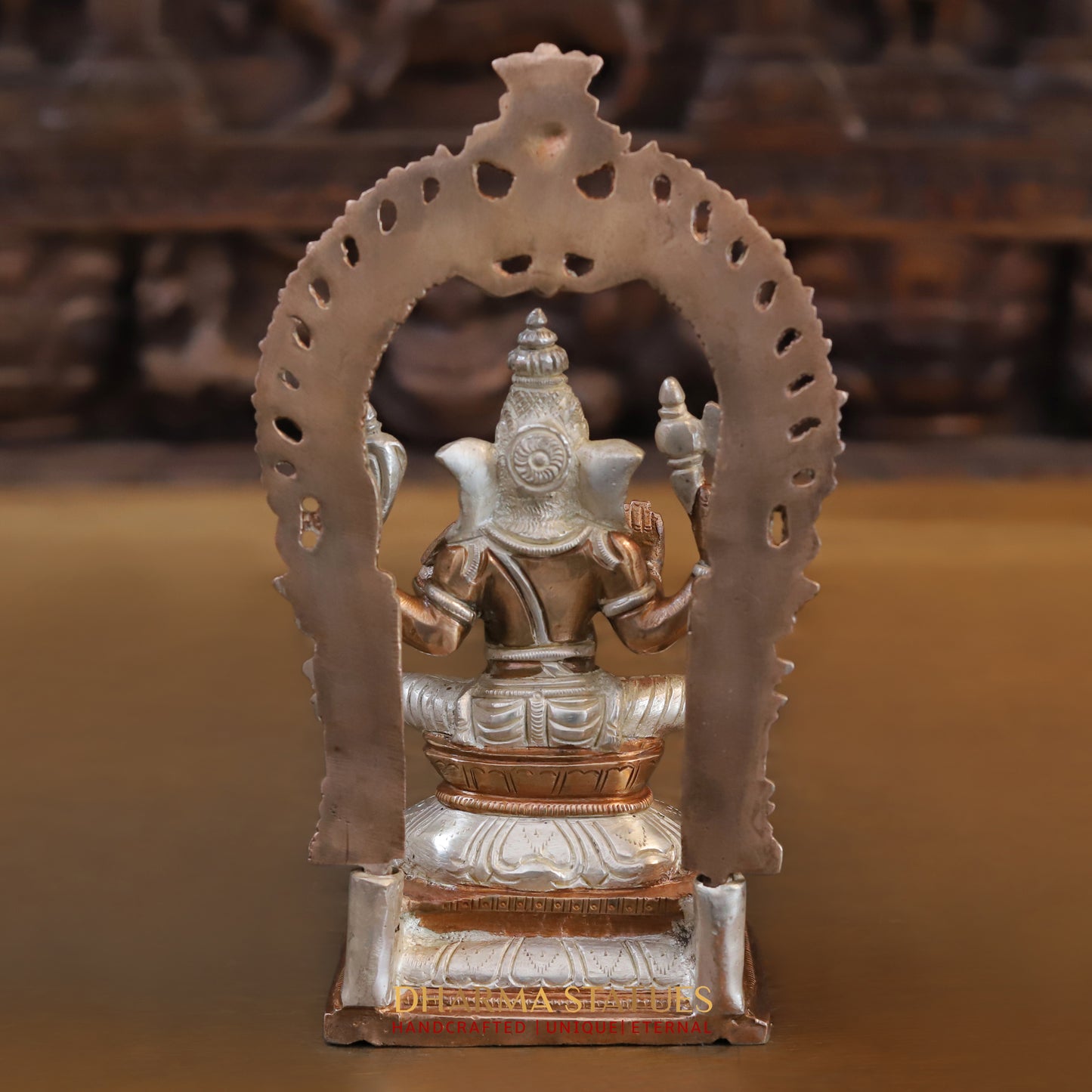 Brass Ganesh seated with Frame, Blessing Posture, Silver & Copper Finish, 9.5"