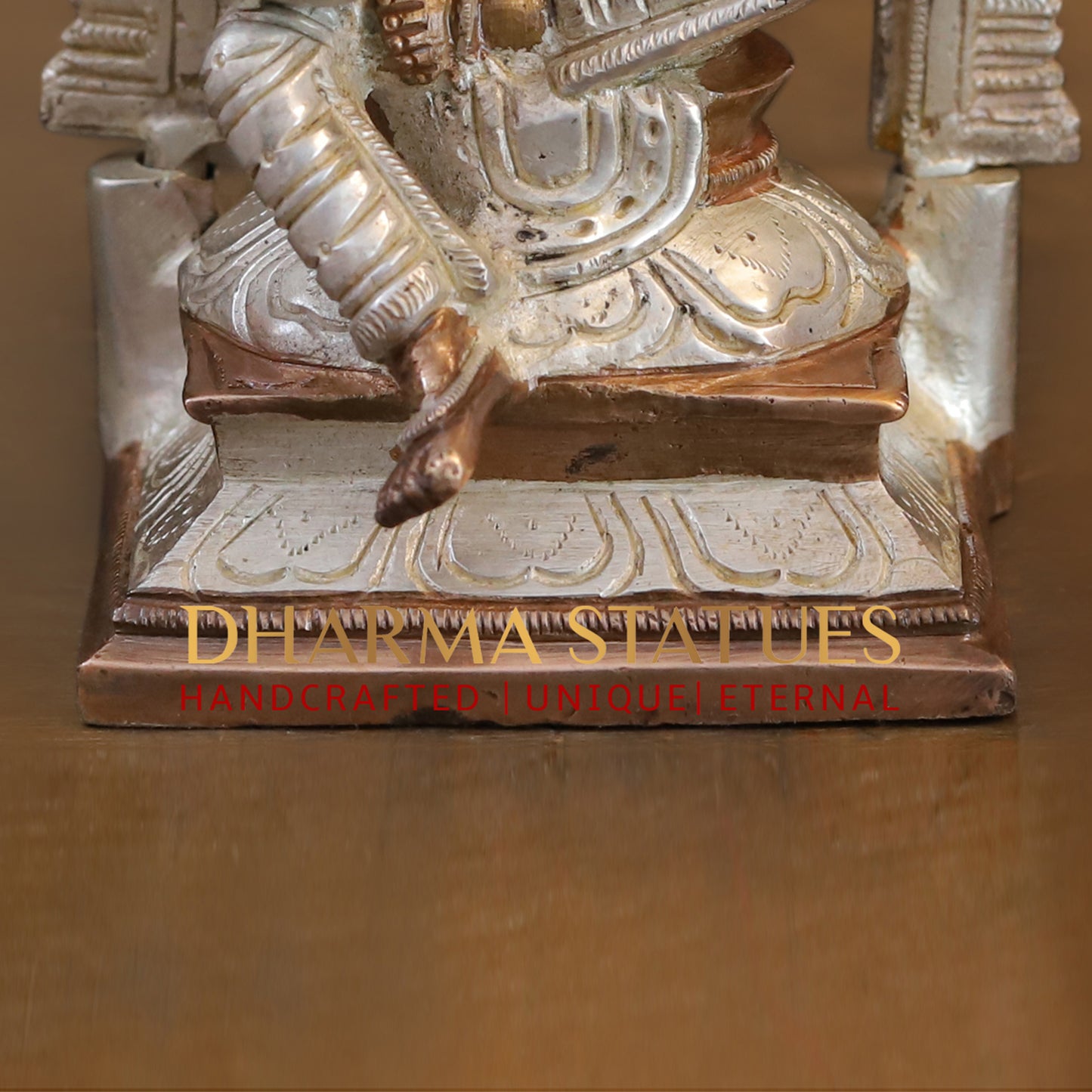 Brass Saraswati seated with Frame, Silver & Copper Finish, 9.5"