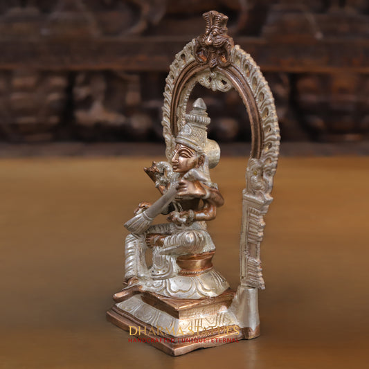 Brass Saraswati seated with Frame, Silver & Copper Finish, 9.5"