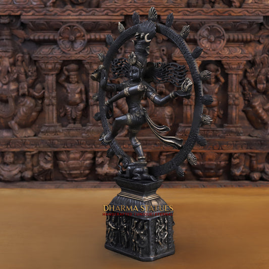 Brass Nataraja, Dancing Shiva Standing on Pedestal, Black Patina & Golden Finish, 23"