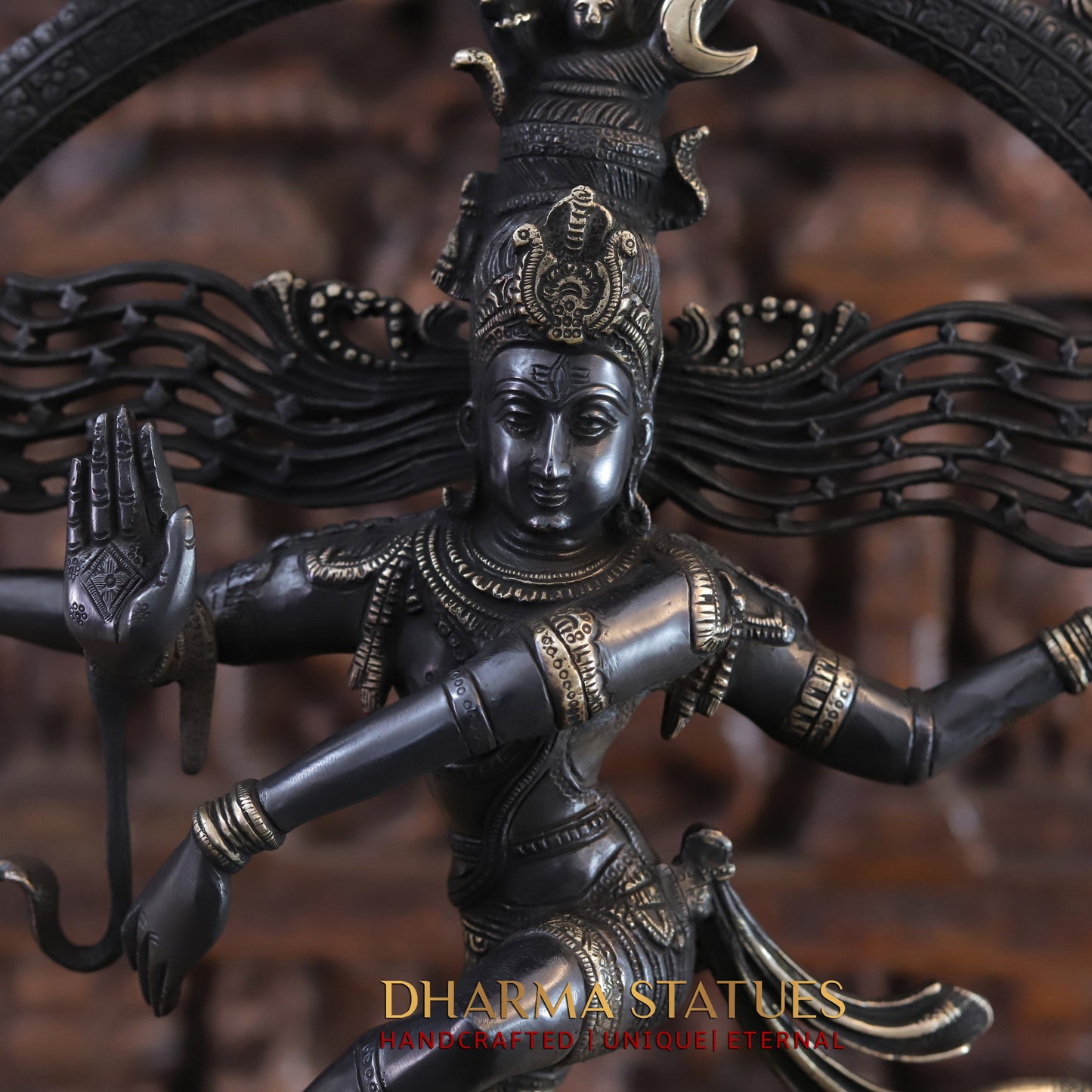 Brass Nataraja, Dancing Shiva Standing on Pedestal, Black Patina & Golden Finish, 23"