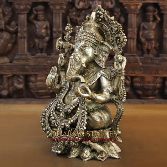 Brass Ganesh seated on Lotus, Blessing Posture, Fine Golden Finish, 16"