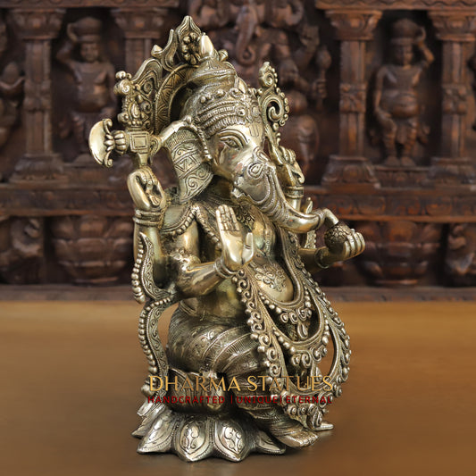 Brass Lakshmi & Ganesh seated on Lotus, Blessing Posture, Fine Golden Finish, 16"